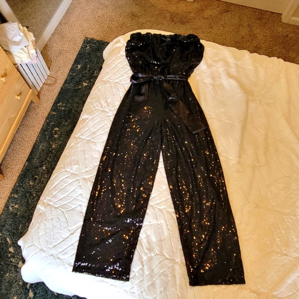 Black Marina Sequin Sparkle ✨️ Strapless Jumpsuit Gala Dance Event Size 12